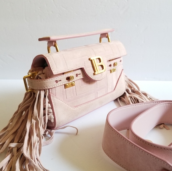 Balmain B-Buzz 19 Fringed Suede Monogram Crossbody Bag Faded Rose - Picture 6 of 15